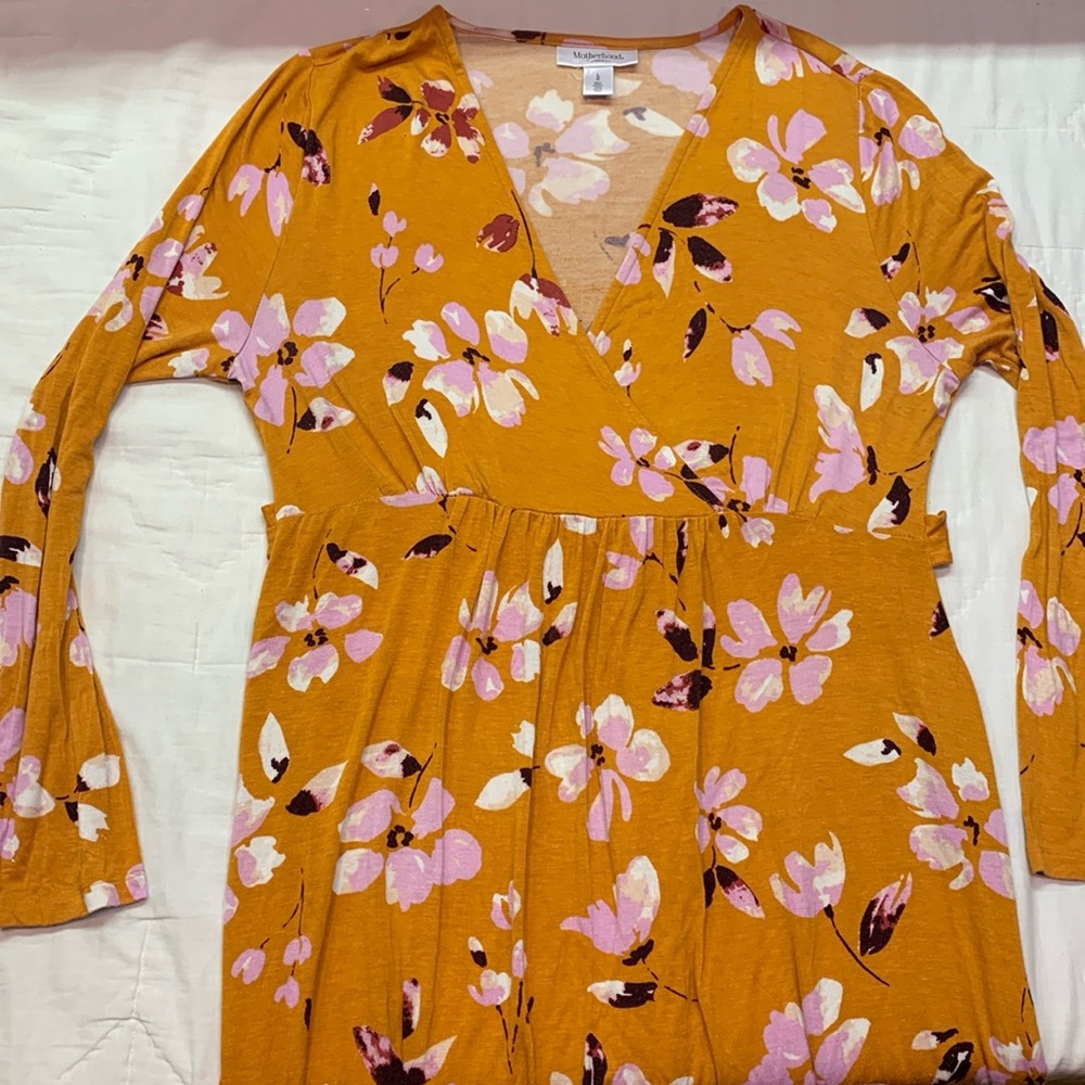 Motherhood Maternity Mustard‎ Yellow Pink Floral Faux Wrap Maxi Dress Small Boho